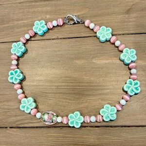 Tropical necklace for women/ girl, claw clasp, artisan made. 16”  clay flowers
